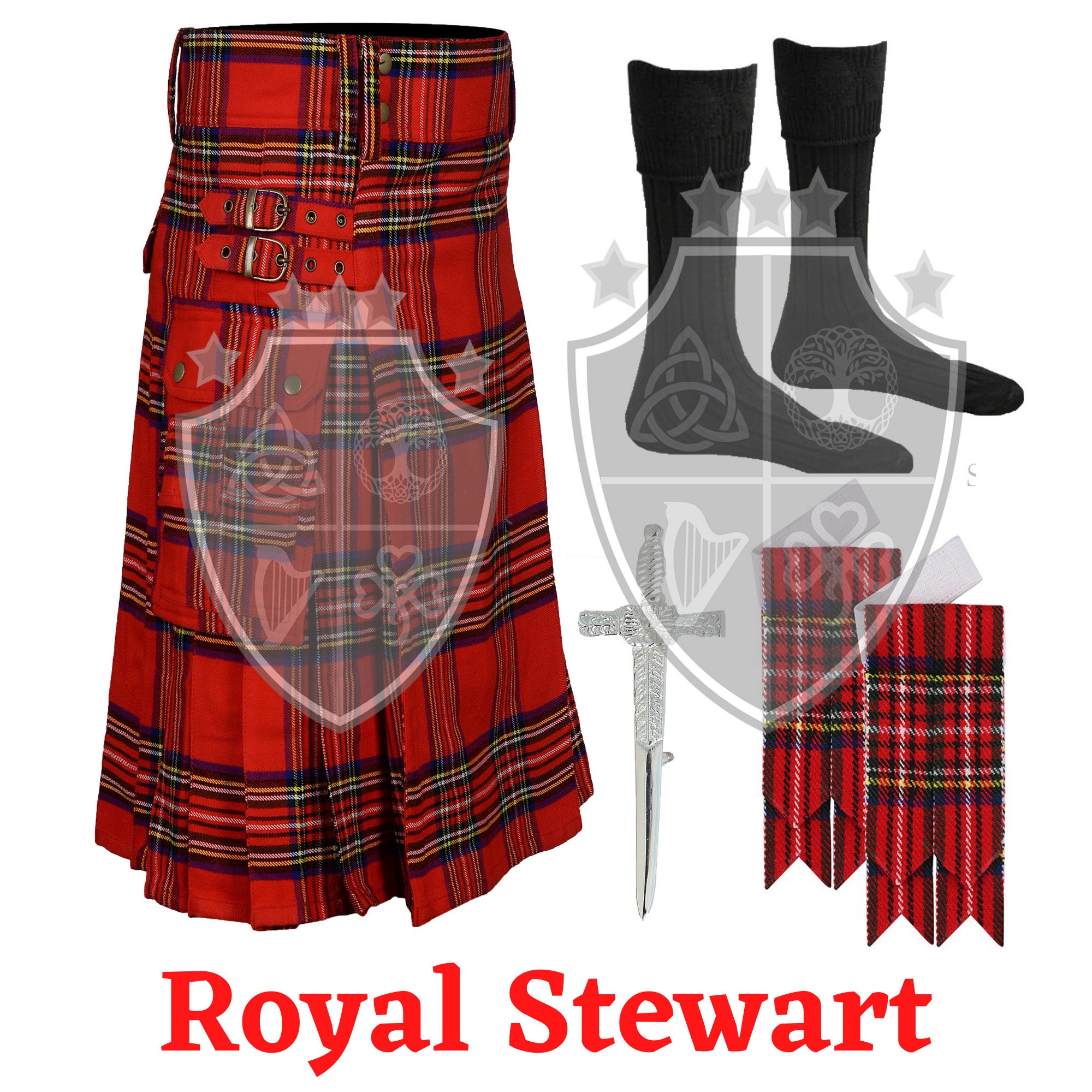 Kilt Uomo Tartan Scozzese Black Watch - 4,6m Di Lana Acrilica, Realizzato A Mano Con 3 Cinturini In Pelle, Include Flash E Spilla Da Kilt