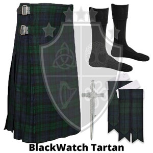 K&ouml;nnte beinhalten: Ein Kilt aus Black Watch-Tartan mit einer silbernen Kiltnadel, einem Paar schwarzer Kiltstr&uuml;mpfe und einem passenden Kilt-Sporran.