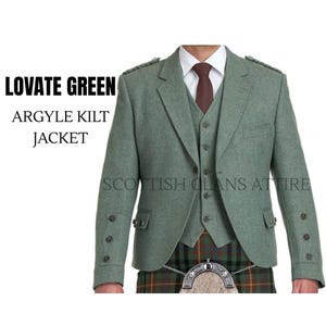 Handmade Lovat Green Argyle Kilt Jacket with 5 Button Waistcoat | Scottish Wool Highland Jacket | Scottish Wedding Jacket Sizes 34&quot;–54&quot;