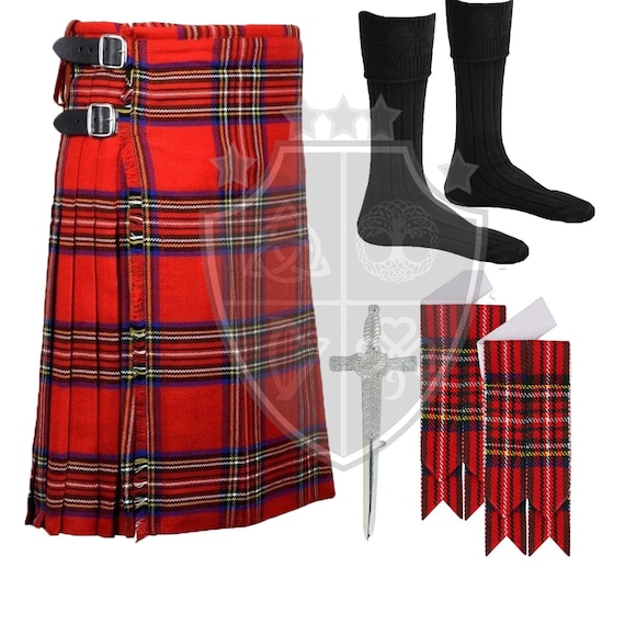 Royal Stewart Tartan Kilt outfit, Scottish Tartan Kilts - Highland Kilt 8 Yards 16oz Acrylic Wool -  Kilt Flashes -Tartan Kilt