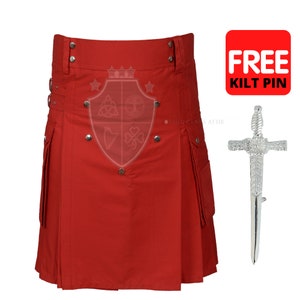 Red Cotton Utility Kilt: Handmade Scottish Tactical Cargo Kilt