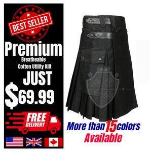 Handmade Black Cotton Utility Kilt: Tactical Cargo Style