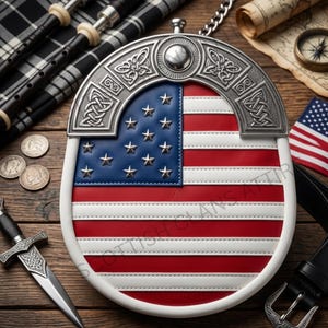 Könnte beinhalten: Ein Sporran mit einer Vorderseite im Design der amerikanischen Flagge, bestehend aus roten und weißen horizontalen Streifen und einem blauen Feld mit silbernen Sternnieten. Oben befindet sich ein silberfarbener Metallbeschlag mit keltischen Knoten.
