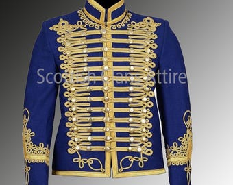 May include: A blue jacket with gold braid trim and buttons. The jacket has a high collar and long sleeves. The jacket is decorated with gold embroidery.