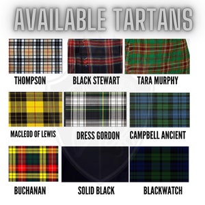 May include: A collage of nine different tartan patterns, including Thompson, Black Stewart, Tara Murphy, MacLeod of Lewis, Dress Gordon, Campbell Ancient, Buchanan, Solid Black, and Blackwatch.