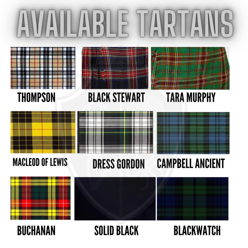 May include: A collage of nine different tartan patterns, including Thompson, Black Stewart, Tara Murphy, MacLeod of Lewis, Dress Gordon, Campbell Ancient, Buchanan, Solid Black, and Blackwatch.