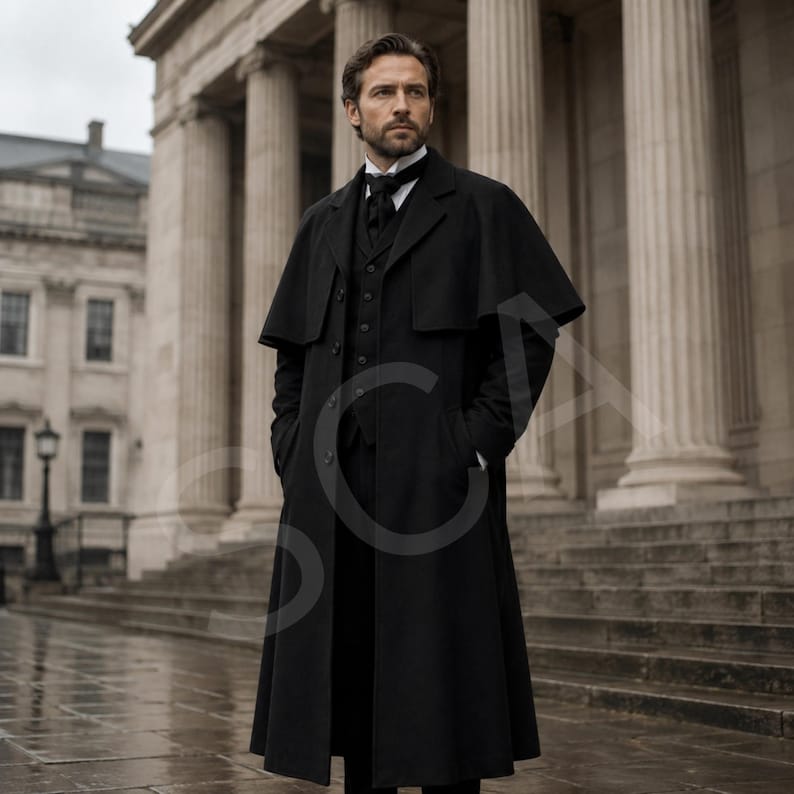 May include: A black floor-length overcoat with a capelet overlay, worn over a matching black vest and white collared shirt with a black necktie. The garment features a structured collar, long sleeves, and a button-down front closure.