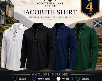 May include: A pack of four long-sleeve Jacobite shirts in white, black, navy blue, and green. Each shirt features a collar, a front lace-up placket with black cord, and buttoned cuffs. The image includes text: SCOTTISH CLANS ATTIRE JACOBITE SHIRT.