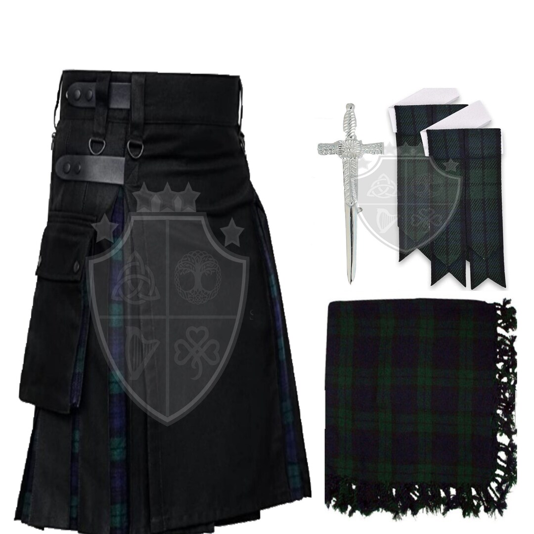 Modern Utility Kilt For Men - Plus Size Scottish Hybrid Black Cotton & Acrylic Wool With Leather Straps