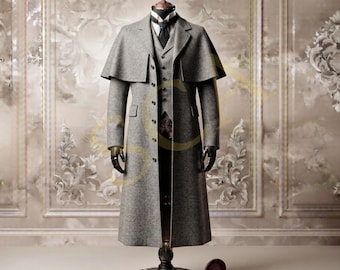 Inverness Cape Coat, Men's Silver Gray Wool Inverness Coat, Victorian Long Cape Overcoat, Sherlock Holmes Style Winter Coat, Made to Order