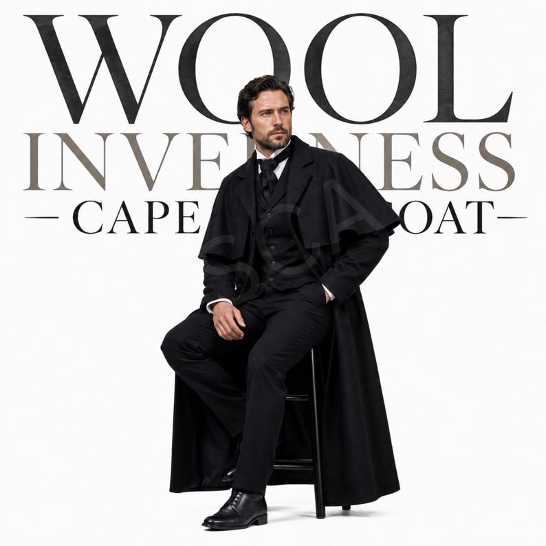May include: A black Inverness cape coat worn over a matching vest and trousers, featuring a long, flowing silhouette with an integrated shoulder cape. The text WOOL INVERNESS CAPE COAT is displayed in large, bold lettering in the background.