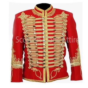 Red Wool Hussar Jacket: Gold Braided Military Tunic