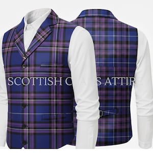 May include: A plaid vest in shades of blue, purple, and black, with a white shirt underneath. The vest has a classic three-button design and a notched lapel. The text "SCOTTISH CLANS ATTIRE" is visible on the front of the vest.