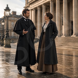 May include: A person wearing a long black coat with a capelet and a white collared shirt, standing next to another person wearing a long dark gray coat over a light-colored shirt and a long brown skirt, both positioned in front of a stone building.