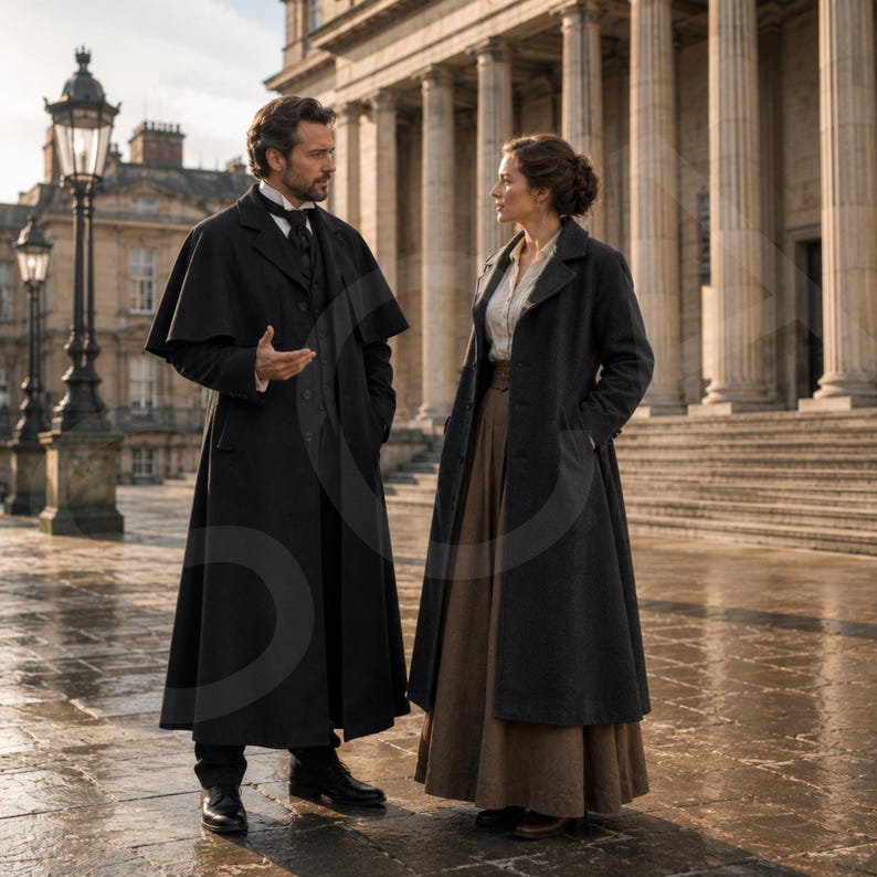 May include: A person wearing a long black coat with a capelet and a white collared shirt, standing next to another person wearing a long dark gray coat over a light-colored shirt and a long brown skirt, both positioned in front of a stone building.