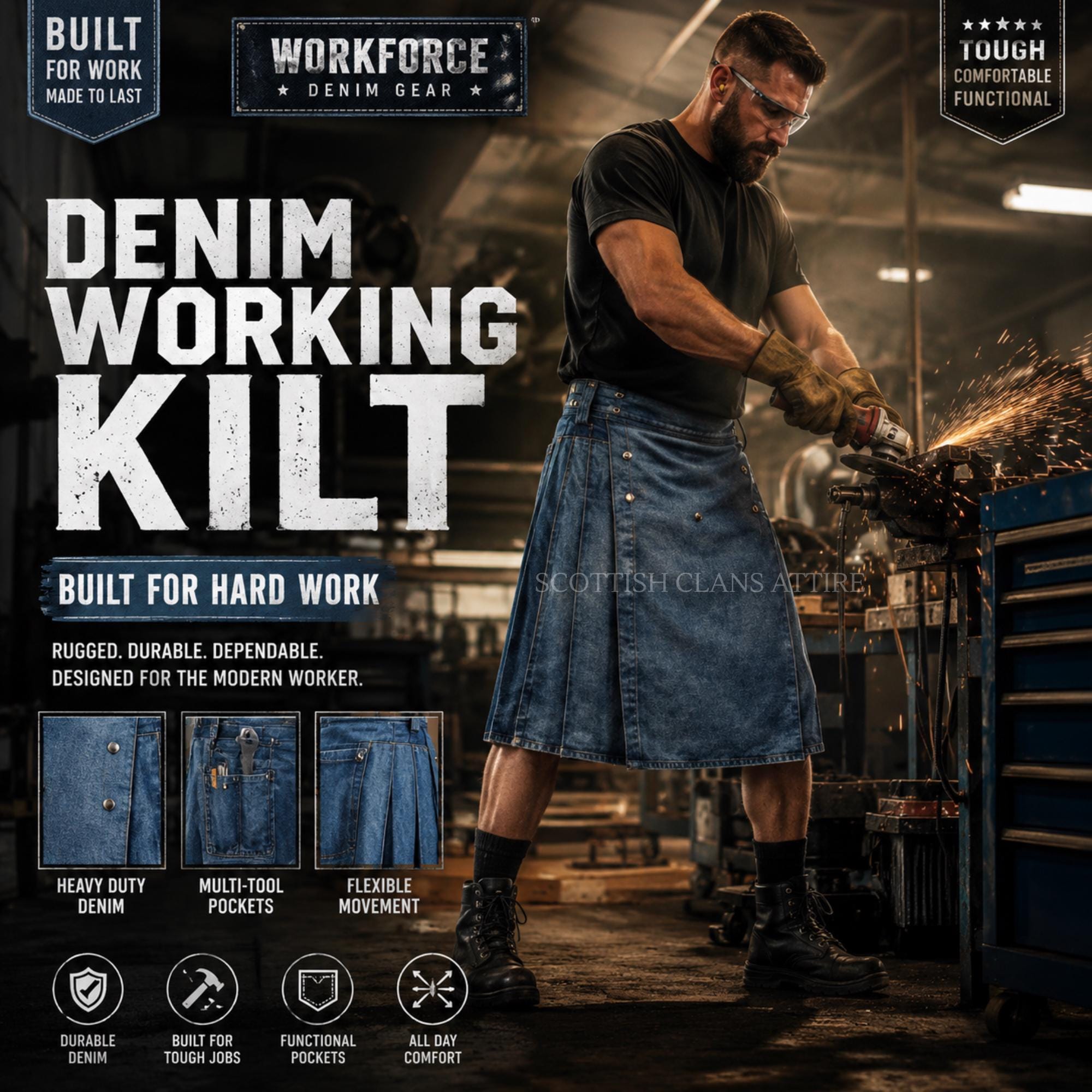 Heavy Duty Denim Working Utility Kilt for Men, Rugged Carpenter Work Kilt with Cargo Pockets, Durable Construction Workwear, Scottish Kilt