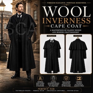 May include: A black wool Inverness cape coat featuring a long, structured silhouette with an integrated shoulder cape, a button-front closure, and a collared neckline. The garment is displayed in both front and back views with text overlays.