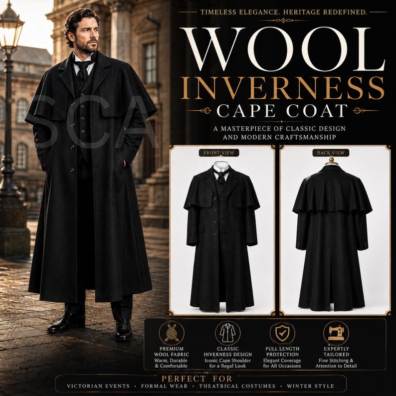 May include: A black wool Inverness cape coat featuring a long, structured silhouette with an integrated shoulder cape, a button-front closure, and a collared neckline. The garment is displayed in both front and back views with text overlays.
