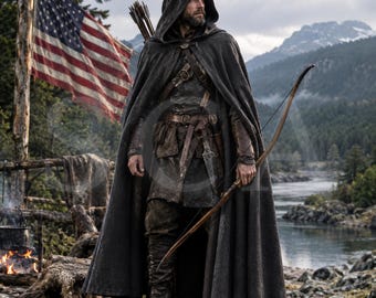 May include: A hooded dark grey cloak worn over a tunic and trousers, featuring a leather belt with a dagger, arm guards, and a quiver of arrows. A wooden recurve bow is held in one hand, with a large American flag visible in the background.
