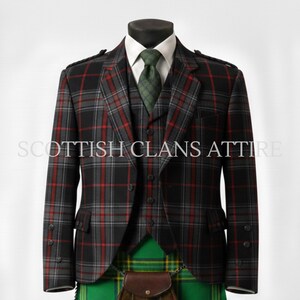 May include: A three-piece Scottish attire set on a mannequin. The jacket, vest, and kilt feature a black, gray, and red plaid pattern. A white dress shirt and green tie are visible. The kilt is green and yellow. The text "SCOTTISH CLANS ATTIRE" is displayed.