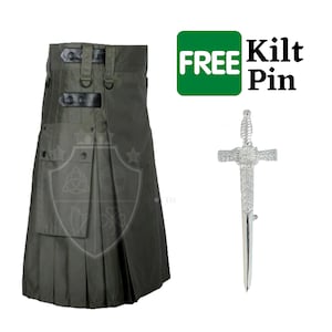 Olive Green Cotton Utility Kilt: Heavy-Duty Workwear with Cargo Pockets