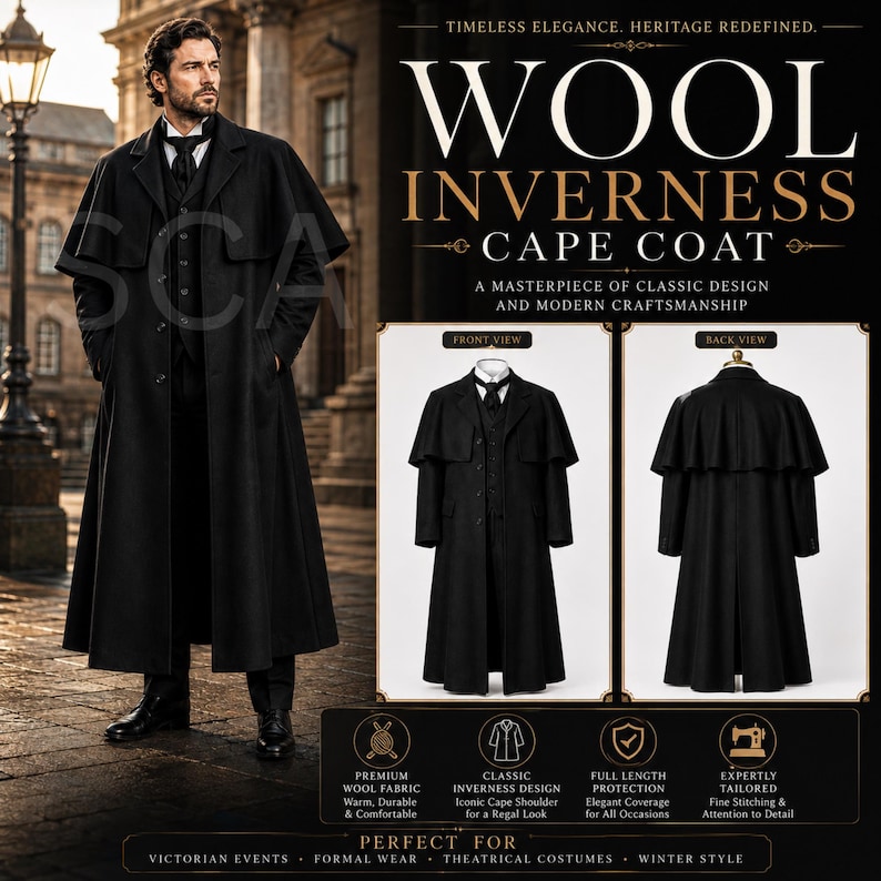 May include: A black wool Inverness cape coat featuring a long, structured silhouette with an integrated shoulder cape, a button-front closure, and a collared neckline. The garment is displayed in both front and back views with text overlays.