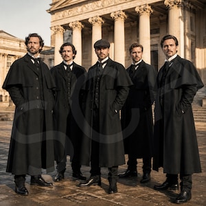 May include: Five individuals stand in a row wearing long black caped overcoats, dark suits, and white collared shirts. One individual wears a flat cap, while the others are bareheaded. They are positioned in front of a large stone building with columns.