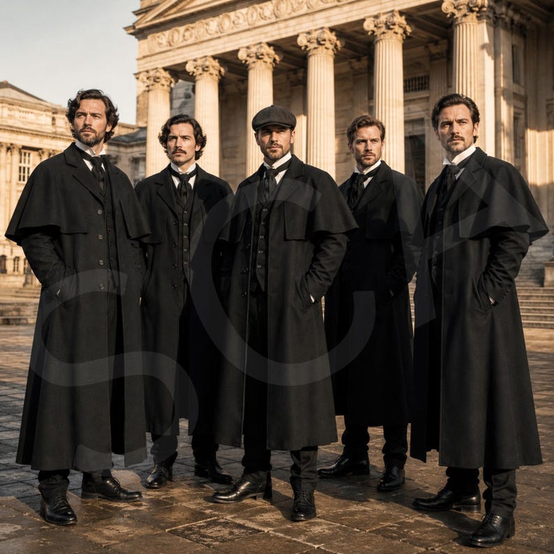 May include: Five individuals stand in a row wearing long black caped overcoats, dark suits, and white collared shirts. One individual wears a flat cap, while the others are bareheaded. They are positioned in front of a large stone building with columns.