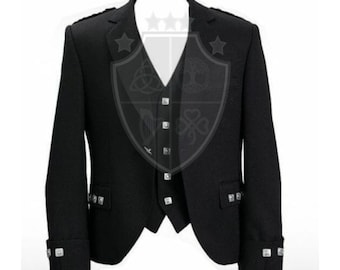 Szkocka męska wełniana kurtka kilt w kratę z kamizelką. Szkocka ślubna czarna kurtka kilt w kratę dla mężczyzn | Obwód klatki piersiowej od 28" do 54 cali.