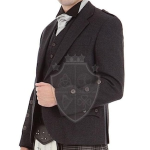 Men&#39;s Charcoal Gray Wool Argyle Kilt Jacket with Vest: Scottish Wedding Outfit