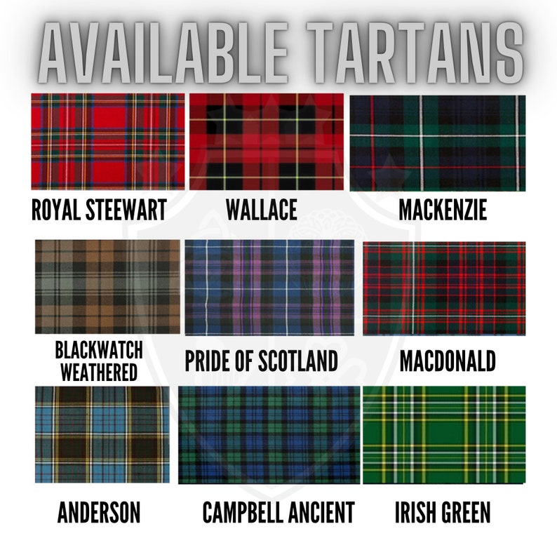 May include: A chart of nine different tartan patterns, each with a name below it. The tartans include Royal Stewart, Wallace, Mackenzie, Blackwatch Weathered, Pride of Scotland, Macdonald, Anderson, Campbell Ancient, and Irish Green.