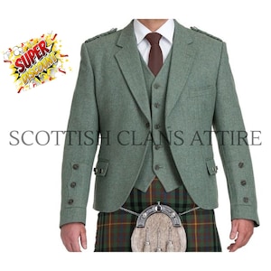 Men&#39;s Lovat Green Argyle Kilt Jacket with 5 Button Vest | Premium Scottish Wool Highland Jacket | Scottish Wedding Jacket Sizes 34&quot;–54&quot;