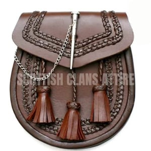 Handmade Brown Leather Kilt Sporran: Scottish Dress Accessory with Chain