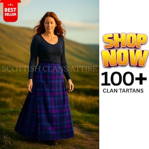 Scottish Tartan Wool Maxi Skirt: Pleated Highland Clan Plaid