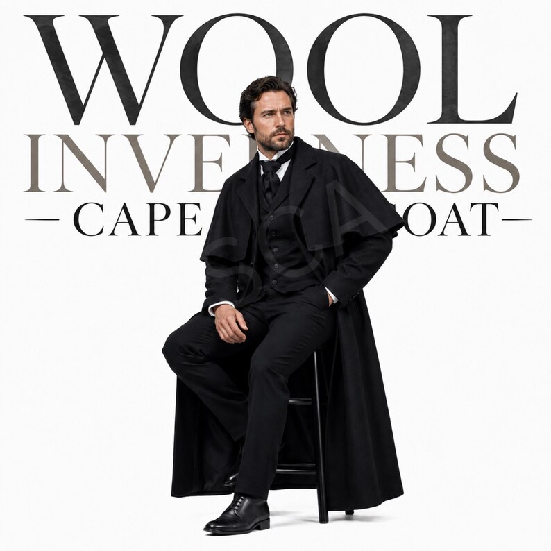 May include: A black Inverness cape coat worn over a matching vest and trousers, featuring a long, flowing silhouette with an integrated shoulder cape. The text WOOL INVERNESS CAPE COAT is displayed in large, bold lettering in the background.