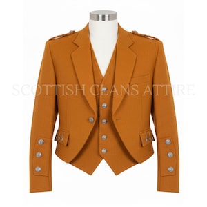 May include: A three-piece, mustard-colored suit, including a jacket and vest, displayed on a mannequin. The jacket features silver buttons, epaulettes, and pocket flaps. The text "SCOTTISH CLANS ATTIRE" is printed across the front.