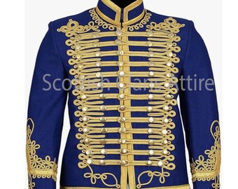 May include: A blue military-style jacket with gold braid trim and buttons. The jacket has a high collar and a stand-up collar.