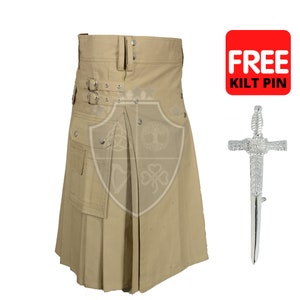 Handmade Khaki Cotton Utility Kilt: Heavy-Duty Scottish Style