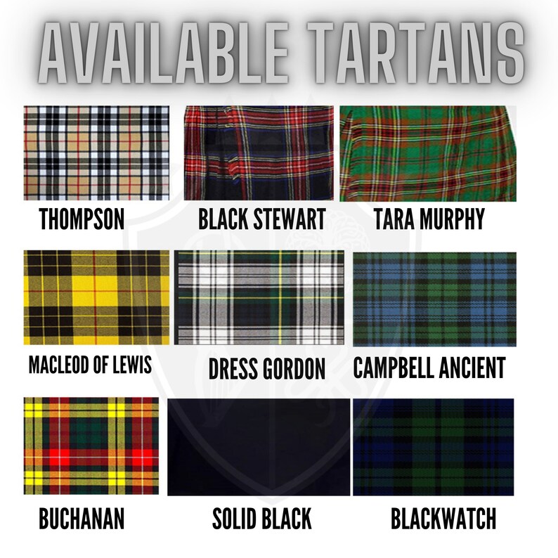 K&ouml;nnte beinhalten: Eine Collage aus neun verschiedenen Tartanmustern, jedes mit einem Namen darunter. Die Tartans umfassen Thompson, Black Stewart, Tara Murphy, MacLeod of Lewis, Dress Gordon, Campbell Ancient, Buchanan, Solid Black und Blackwatch.