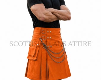 Modern Orange Gothic Fashion Kilt For Men, Active Men Scottish Cotton Utility Kilt With Chains, Punk Kilt With Cargo Pockets