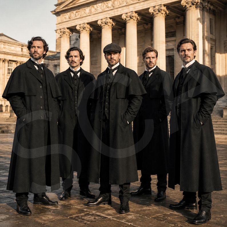 May include: Five individuals stand in a row wearing long black caped overcoats, dark suits, and white collared shirts. One individual wears a flat cap, while the others are bareheaded. They are positioned in front of a large stone building with columns.
