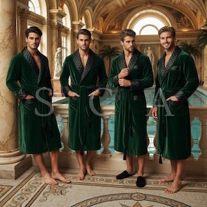 May include: A dark green velvet robe featuring a black quilted shawl collar and matching quilted cuffs. The robe includes a tie belt at the waist, two front pockets with quilted trim, and long sleeves. The garment is worn by four individuals.