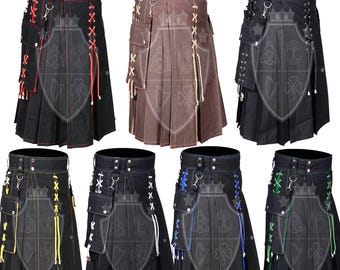 May include: Eight different utility kilts in black denim with various coloured laces and stitching. The kilts have cargo pockets and adjustable straps.