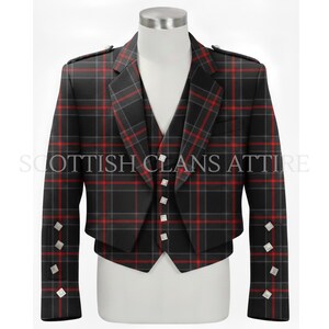 May include: A black and red plaid jacket and vest set. The jacket has silver buttons and epaulets. The vest has a V-neck and matching buttons. The text "SCOTTISH CLANS ATTIRE" is printed on the front.