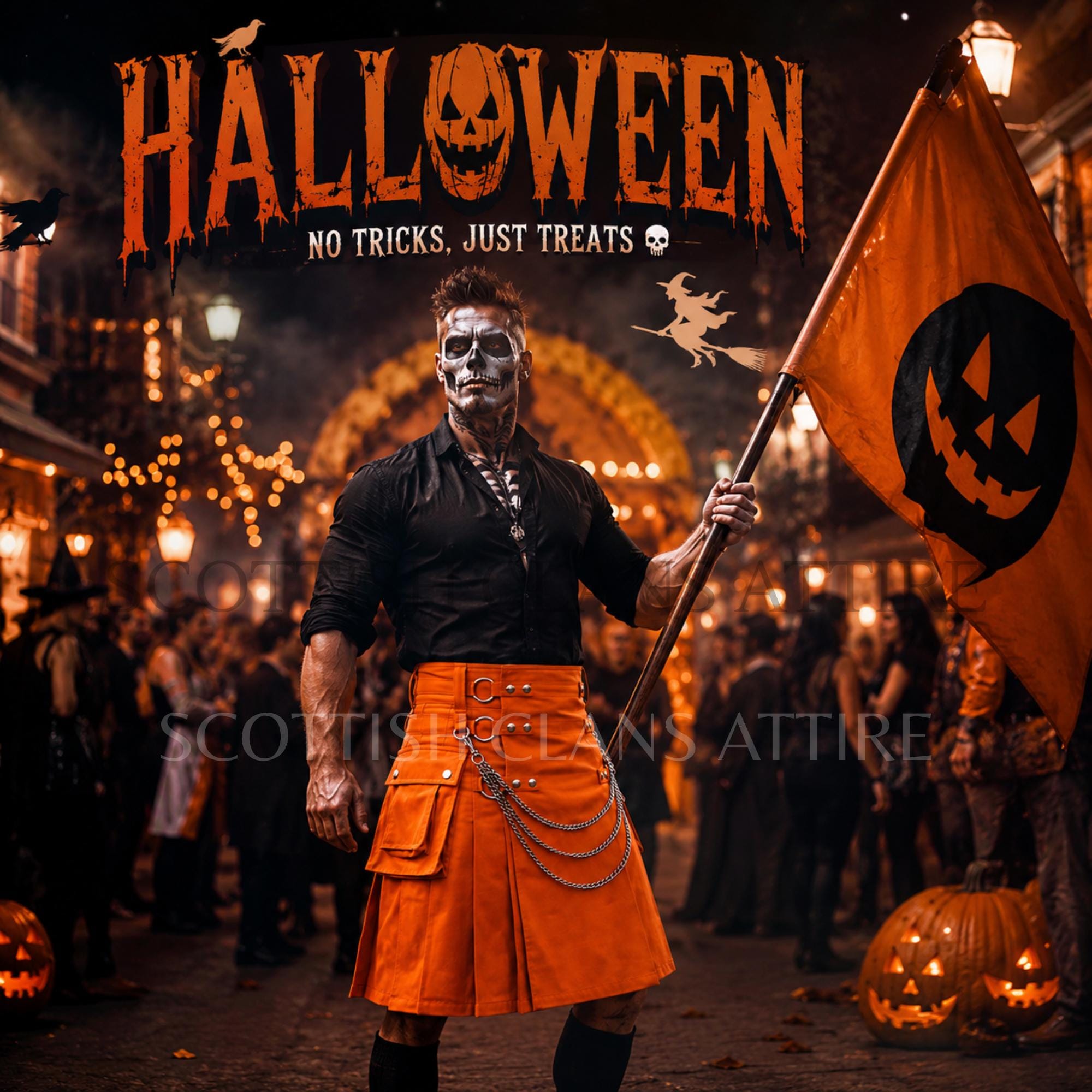 Modern Orange Gothic Fashion Kilt For Men, Active Men Scottish Comfortable Cotton Utility Kilt for Halloween, Punk Kilt With Cargo Pockets