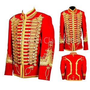 Men&#39;s Red Wool Hussar Jacket: 18th Century Military Tunic