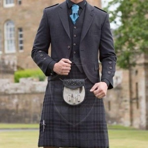Handmade Scottish Grey Wool Argyle Kilt Jacket & Vest: 17th Century Wedding Attire