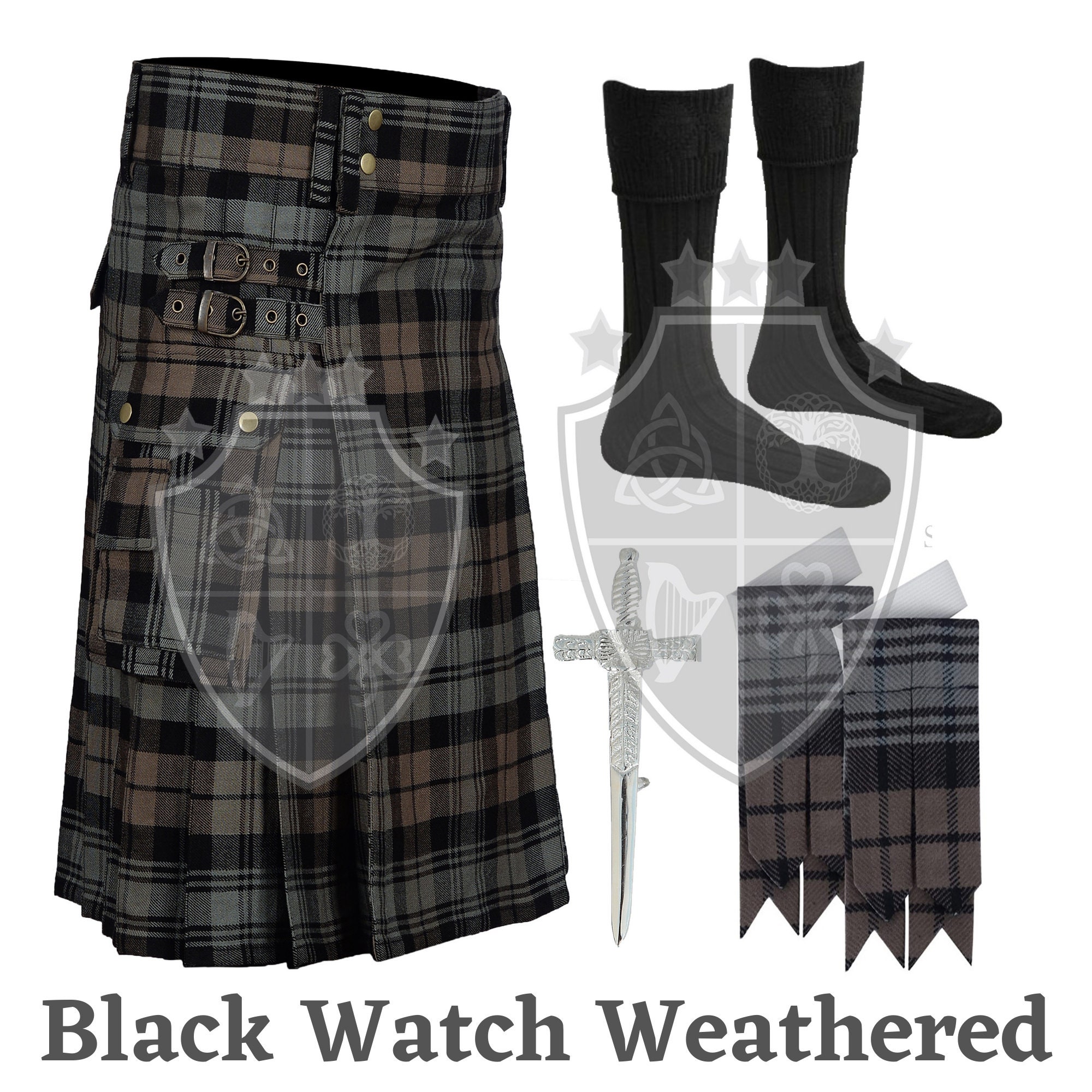 Kilt Uomo Tartan Scozzese Black Watch - 4,6m Di Lana Acrilica, Realizzato A Mano Con 3 Cinturini In Pelle, Include Flash E Spilla Da Kilt