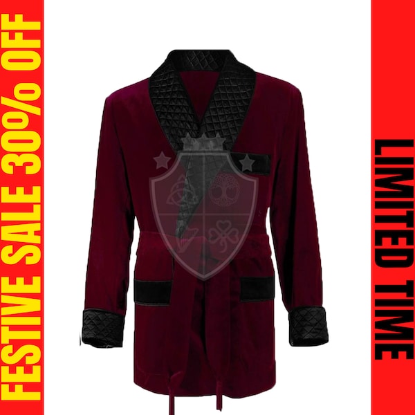 Smoking Jackets for men - Burgundy Velvet Quilted Dinner Robes - Wedding Groom Wear Jackets - Smoking jackets - Velvet Robes - Dinner Jacket