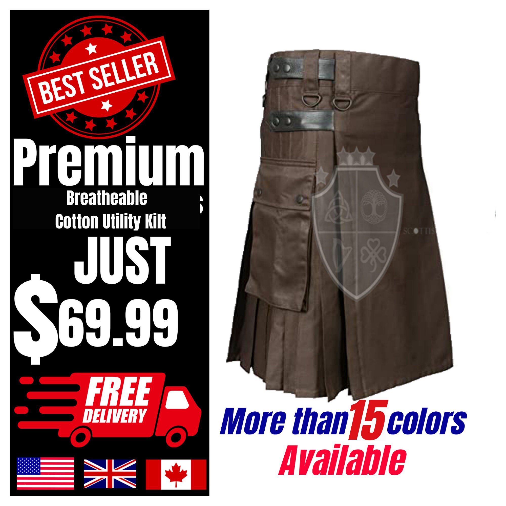 McWilliams Men's Utility Kilt - Khaki, Heavy Duty Cotton, Cargo Pockets, Adjustable Fit